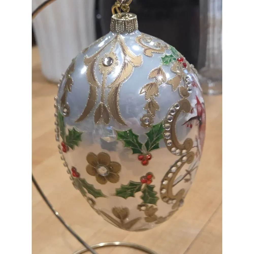 Vintage Glass Egg Christmas Ornament Red Cardinal Holly Jeweled Gold Filigree